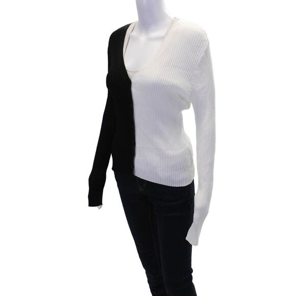 Staud Womens Two-Toned Ribbed V-Neck Button Up Cardigan Sweater Black Size L - Picture 2 of 6